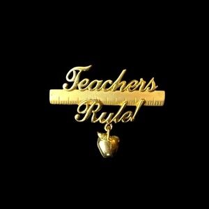 Teachers Rule Gold Tone Brooch with a Ruler and a Apple Charm Pin